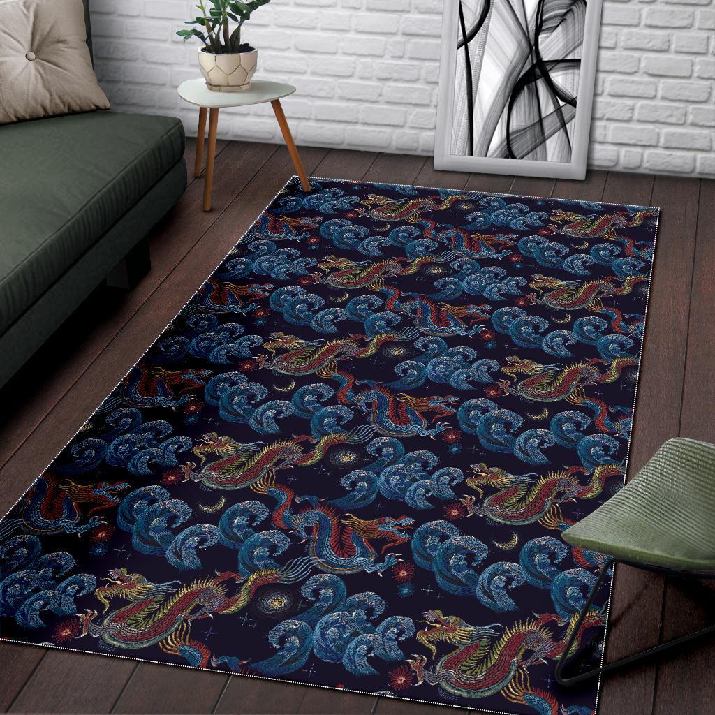 Chinese Wave Dragon Pattern Print Floor Mat-grizzshop