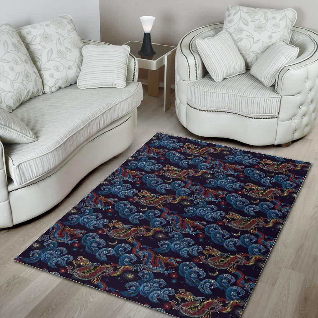 Chinese Wave Dragon Pattern Print Floor Mat-grizzshop