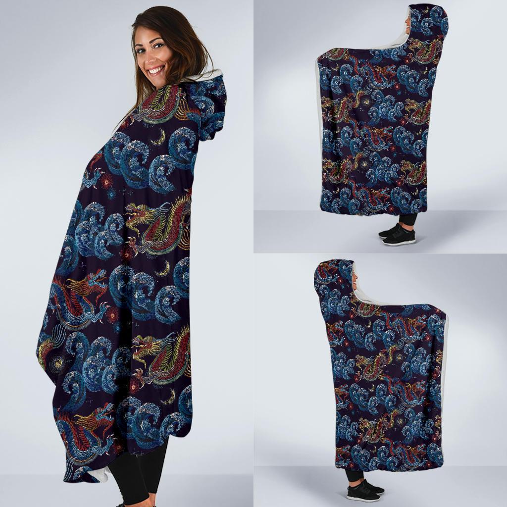 Chinese Wave Dragon Pattern Print Hooded Blanket-grizzshop