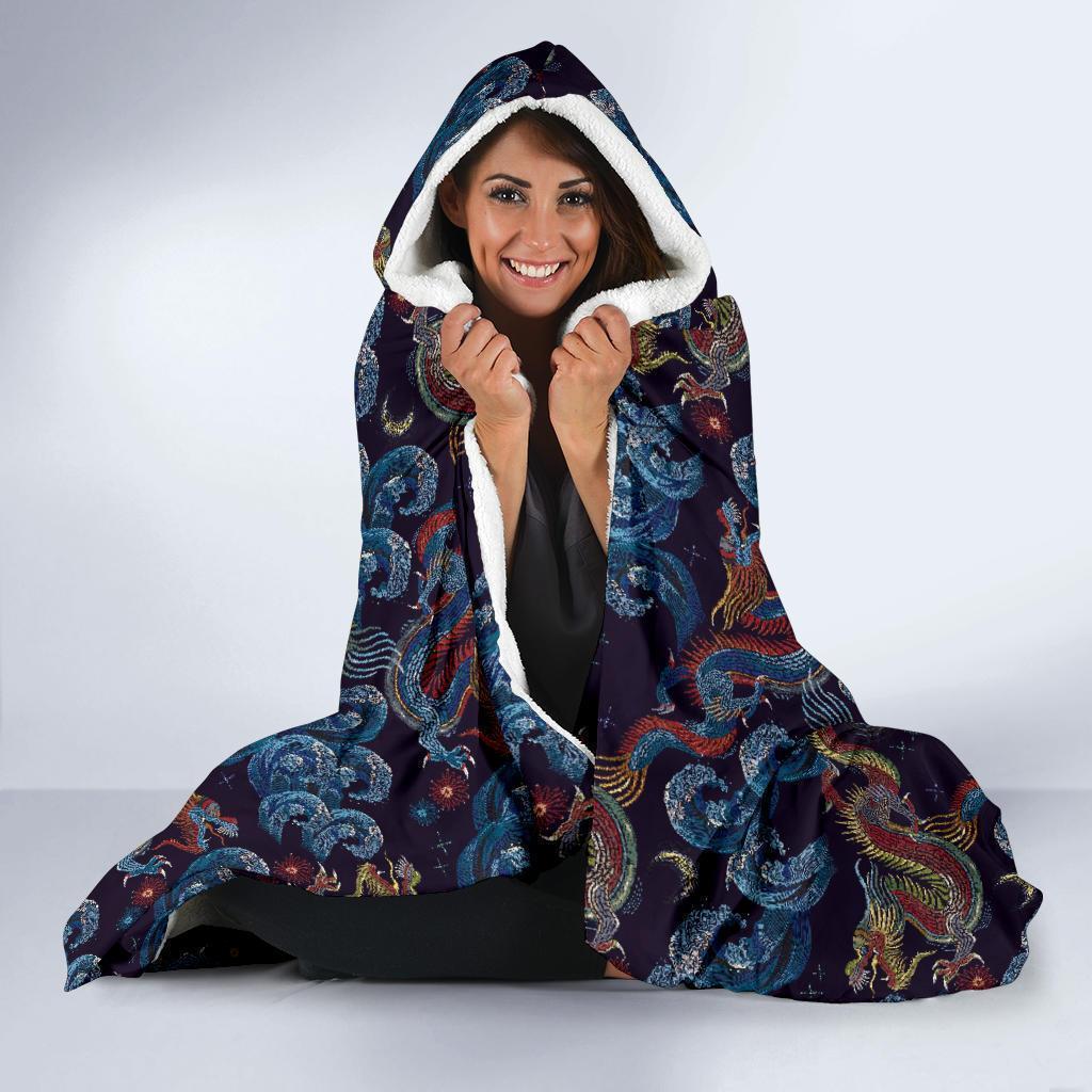 Chinese Wave Dragon Pattern Print Hooded Blanket-grizzshop