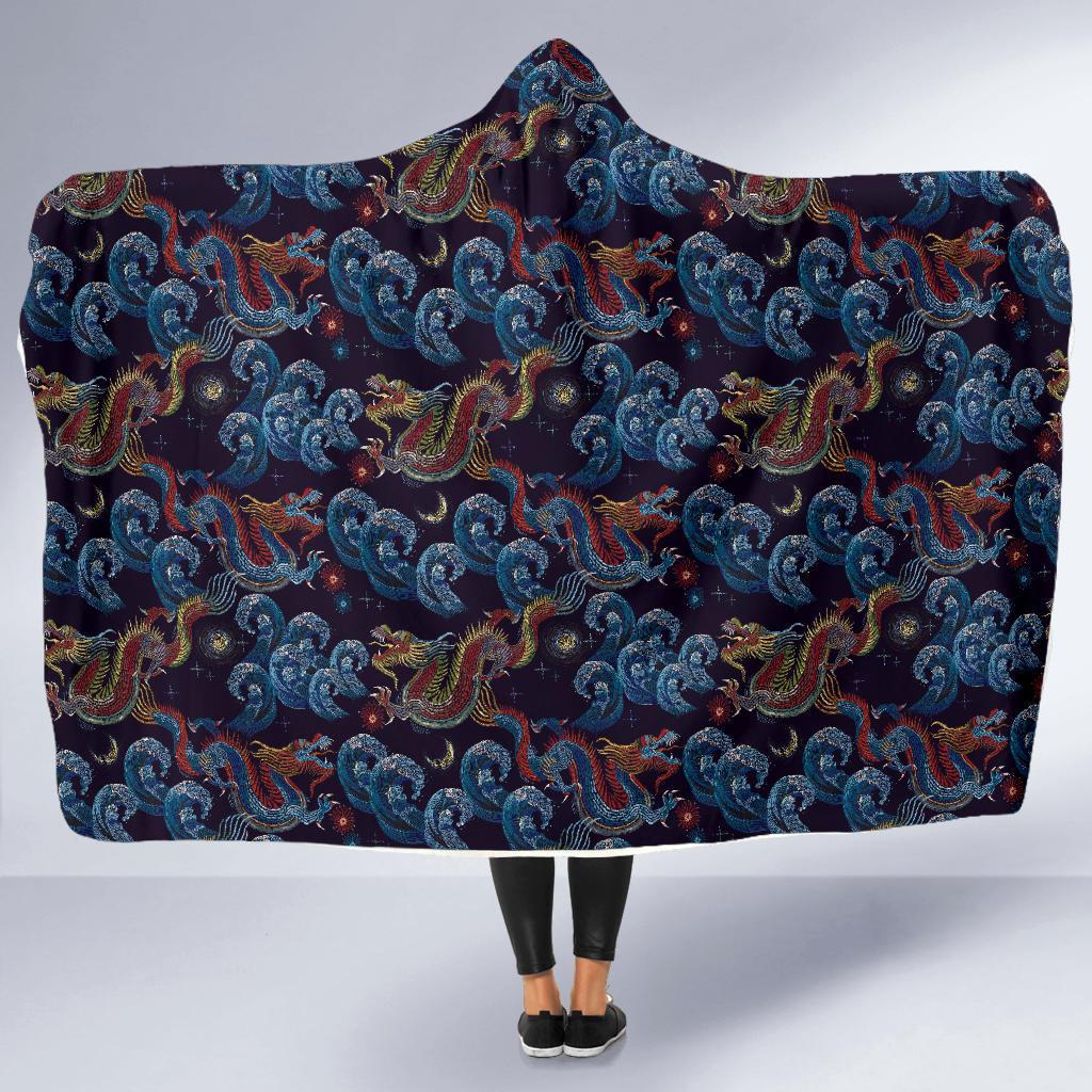 Chinese Wave Dragon Pattern Print Hooded Blanket-grizzshop