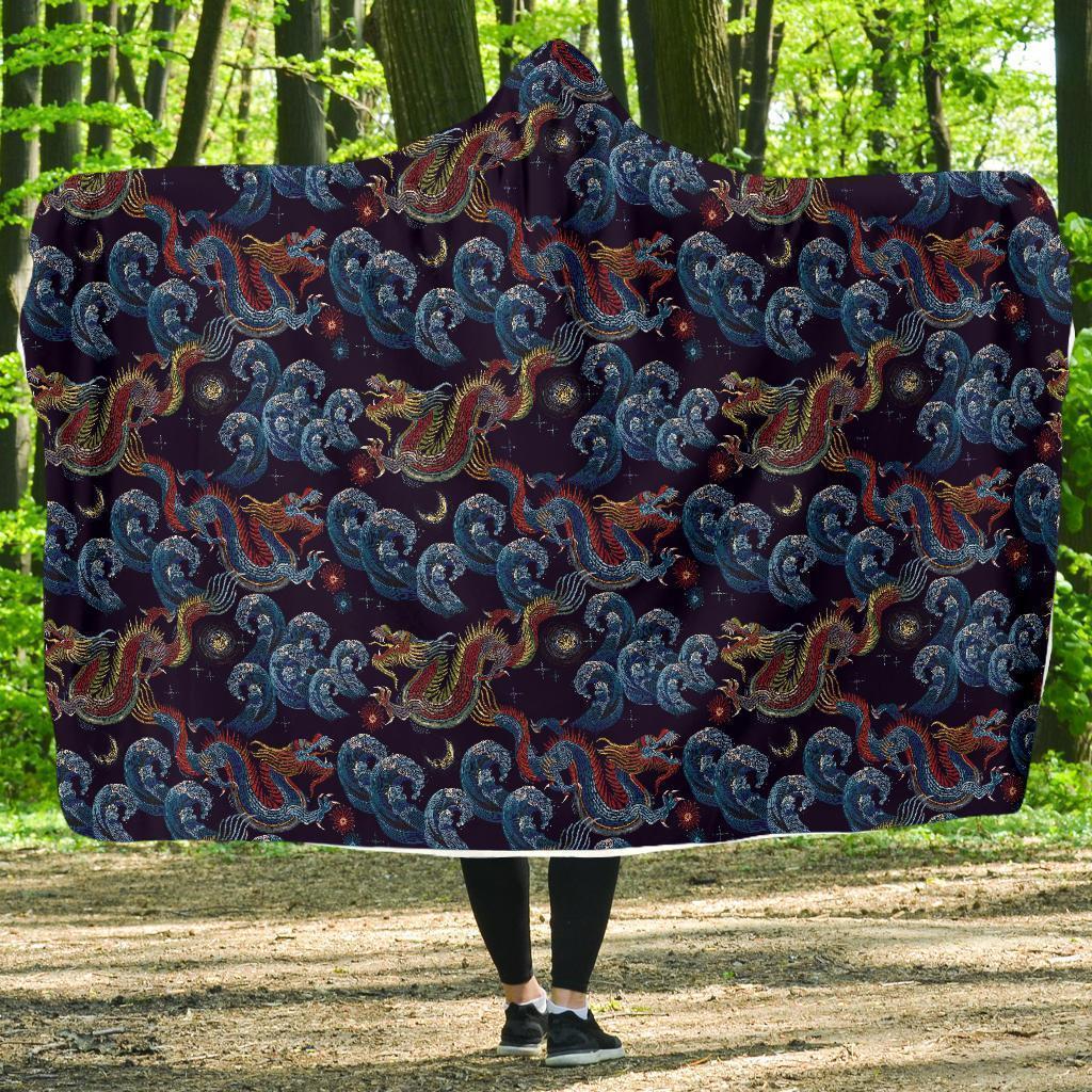 Chinese Wave Dragon Pattern Print Hooded Blanket-grizzshop