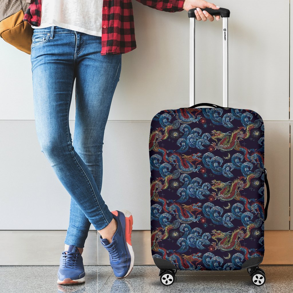 Chinese Wave Dragon Pattern Print Luggage Cover Protector-grizzshop