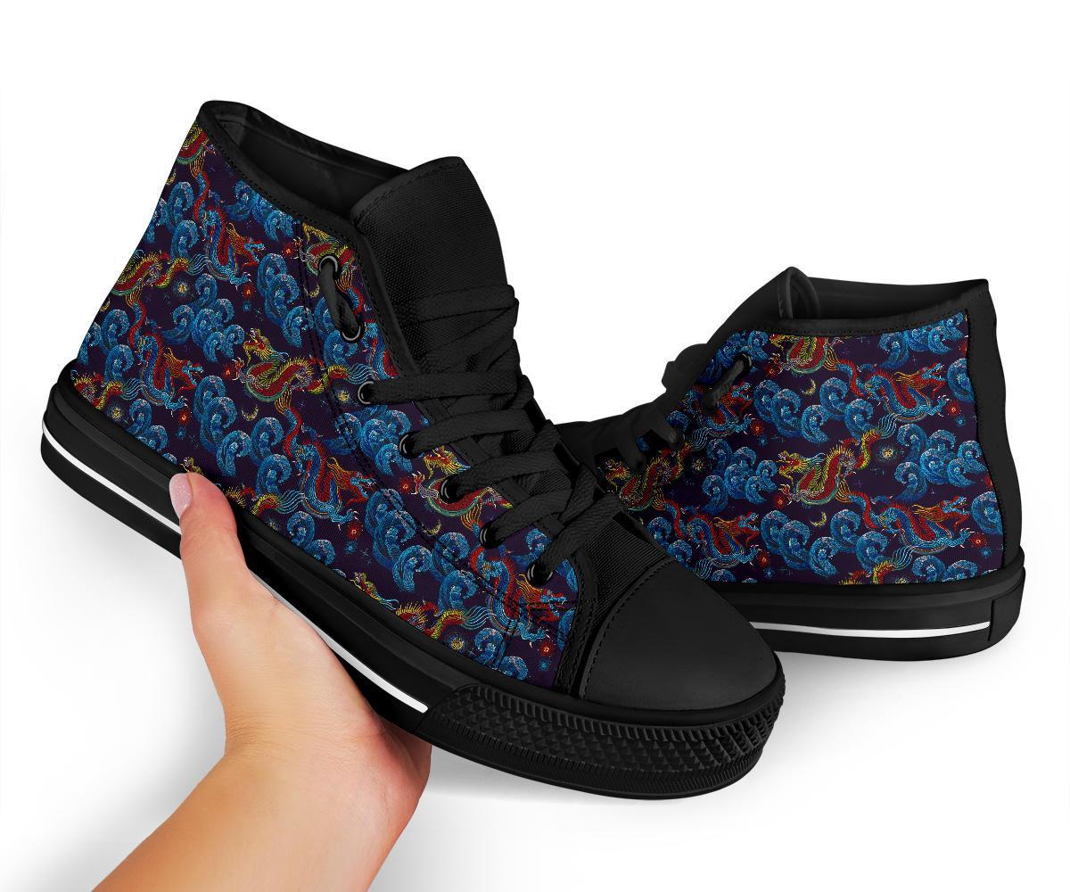 Chinese Wave Dragon Pattern Print Men Women's High Top Shoes-grizzshop