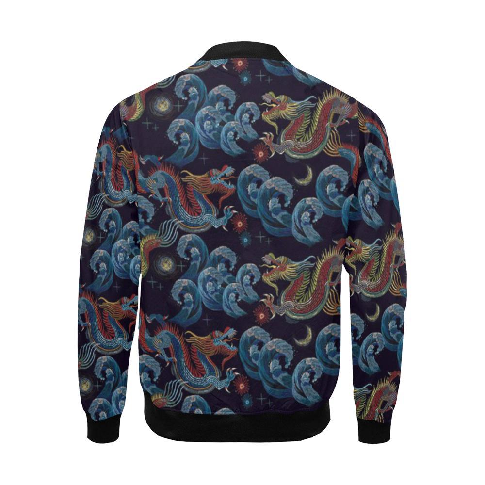 Chinese Wave Dragon Pattern Print Men's Bomber Jacket-grizzshop