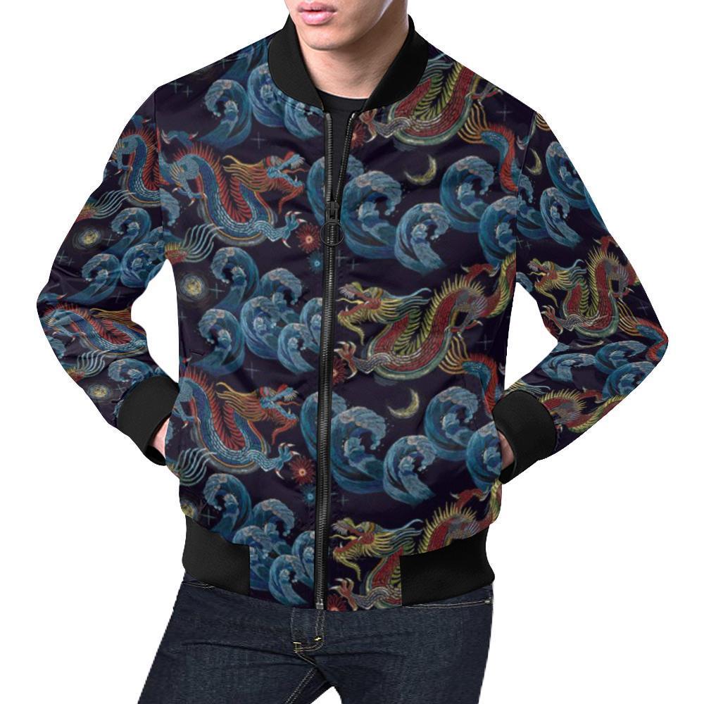 Chinese Wave Dragon Pattern Print Men's Bomber Jacket-grizzshop