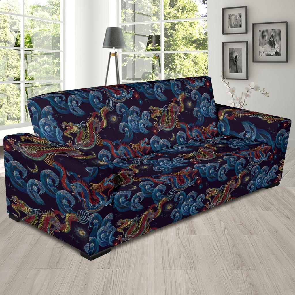 Chinese Wave Dragon Pattern Print Sofa Covers-grizzshop