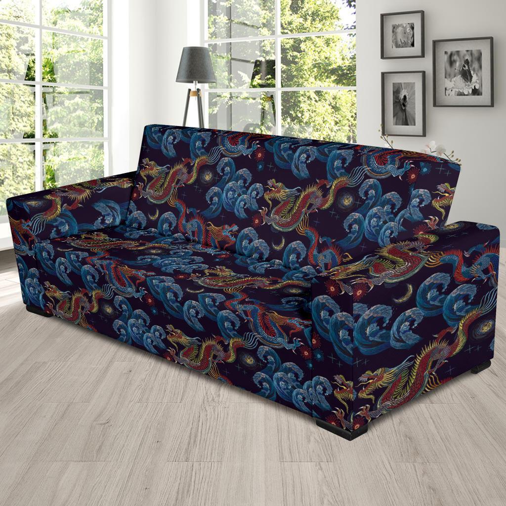 Chinese Wave Dragon Pattern Print Sofa Covers-grizzshop