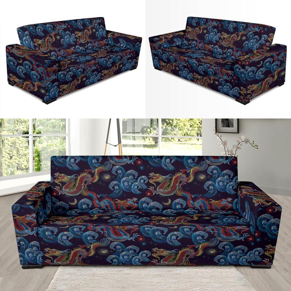 Chinese Wave Dragon Pattern Print Sofa Covers-grizzshop