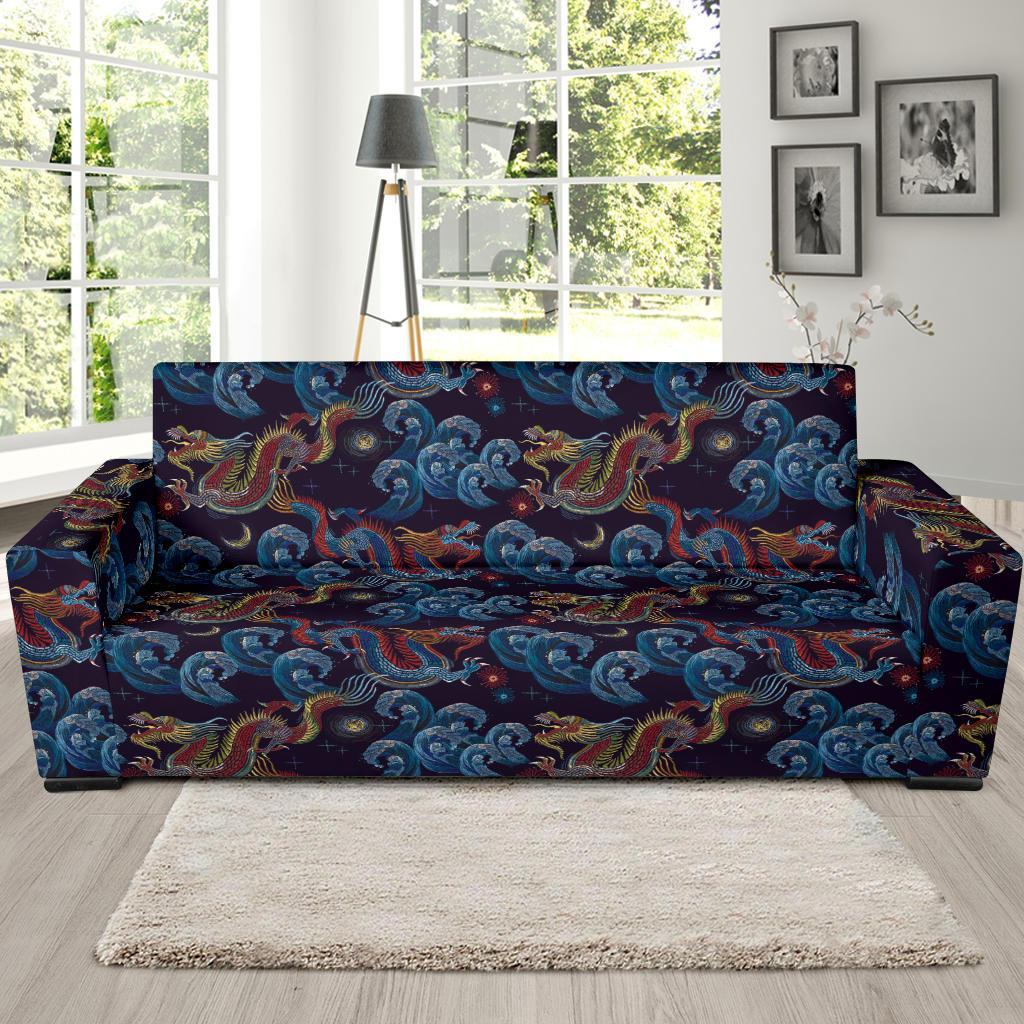 Chinese Wave Dragon Pattern Print Sofa Covers-grizzshop