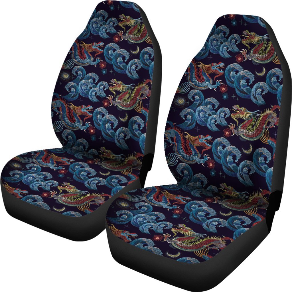 Chinese Wave Dragon Pattern Print Universal Fit Car Seat Cover-grizzshop