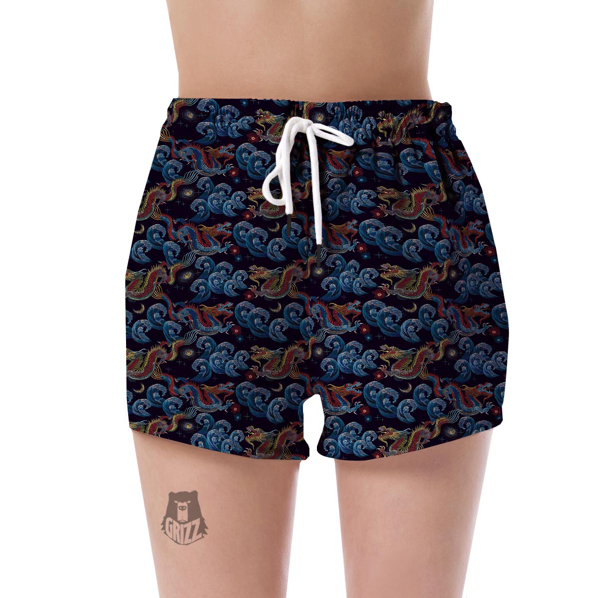 Chinese Wave Dragon Pattern Print Women's Shorts-grizzshop
