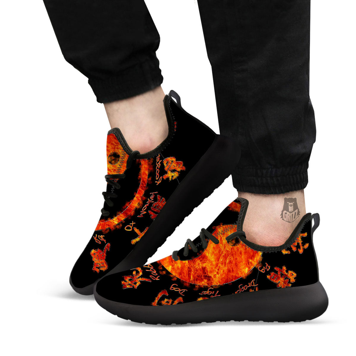 Chinese Zodiac Fire Yin Yang Print Black Athletic Shoes-grizzshop