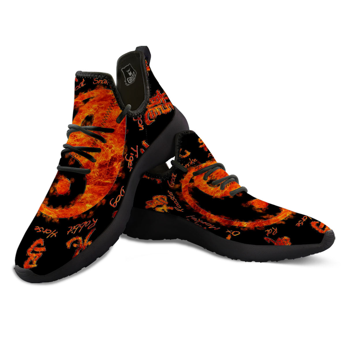 Chinese Zodiac Fire Yin Yang Print Black Athletic Shoes-grizzshop