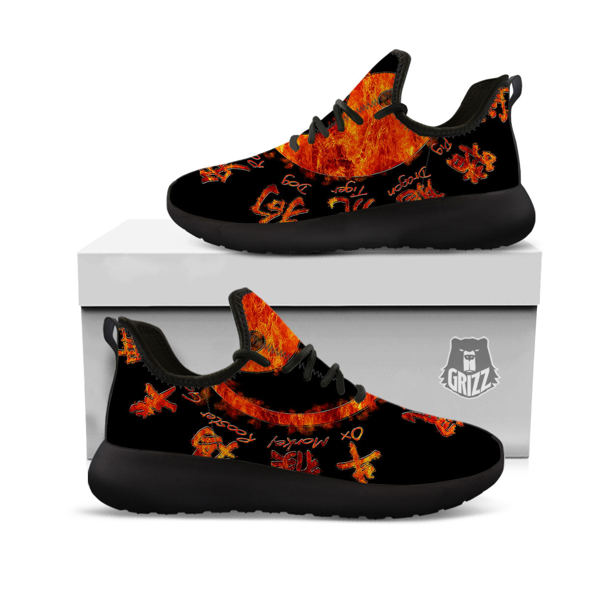 Chinese Zodiac Fire Yin Yang Print Black Athletic Shoes-grizzshop