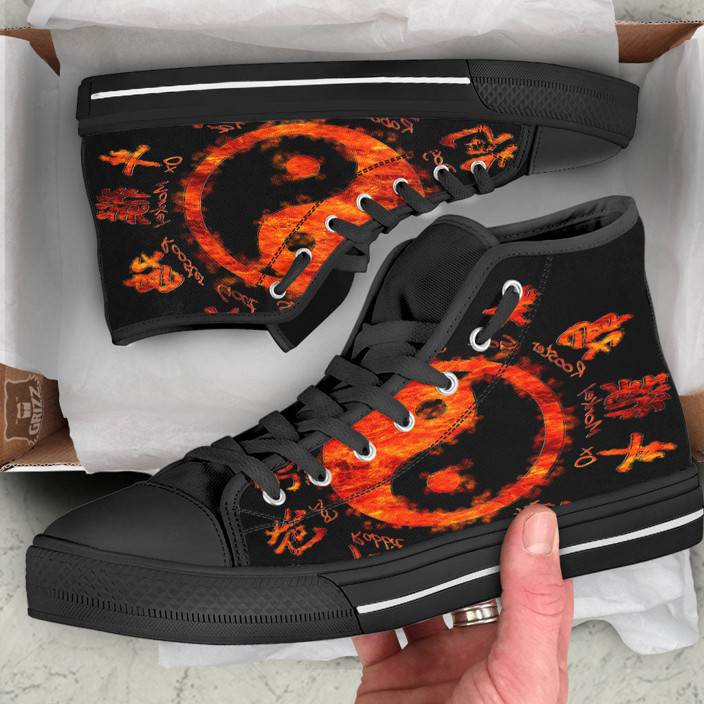 Chinese Zodiac Fire Yin Yang Print Black High Top Shoes-grizzshop