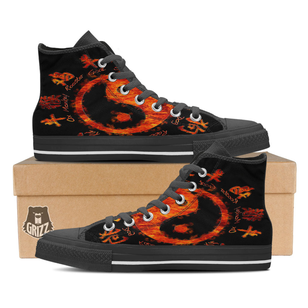 Chinese Zodiac Fire Yin Yang Print Black High Top Shoes-grizzshop