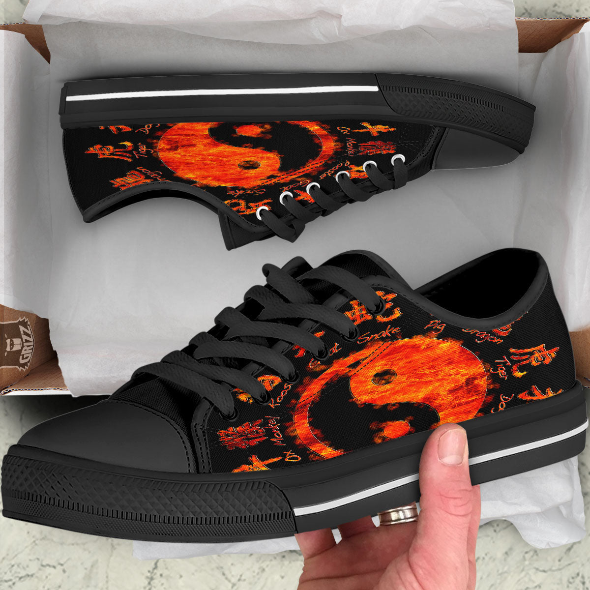 Chinese Zodiac Fire Yin Yang Print Black Low Top Shoes-grizzshop