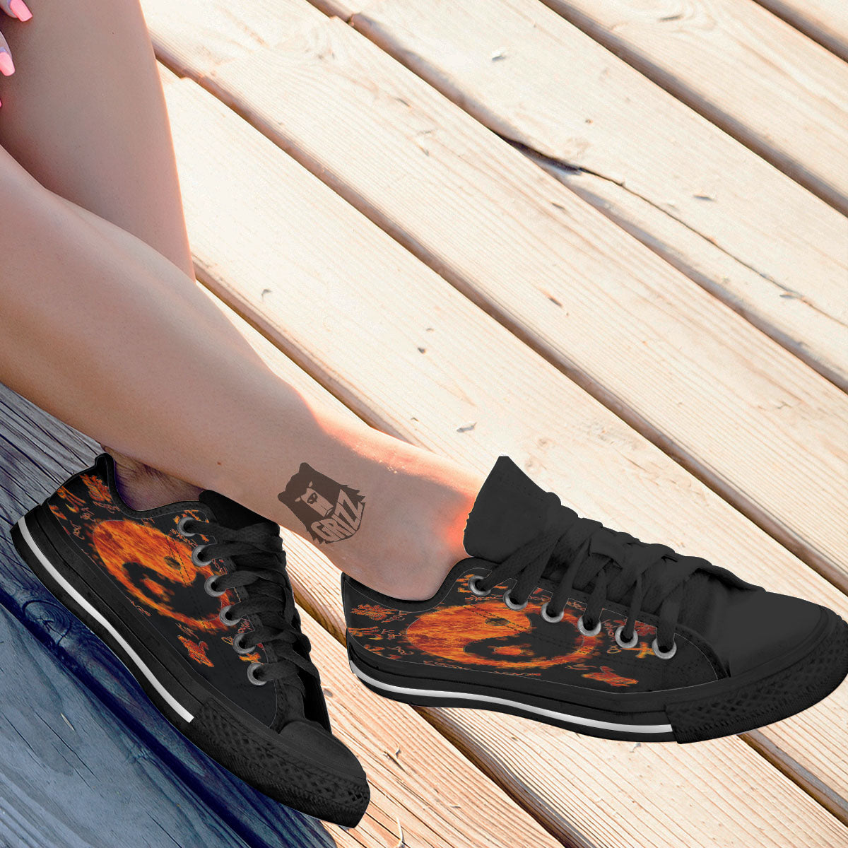 Chinese Zodiac Fire Yin Yang Print Black Low Top Shoes-grizzshop