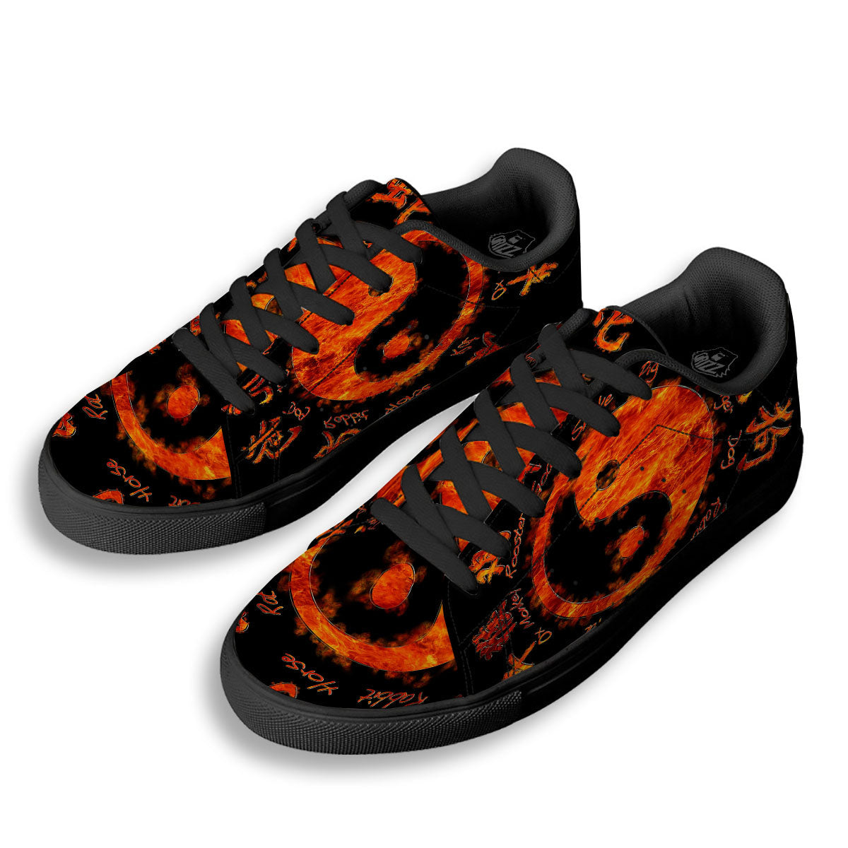Chinese Zodiac Fire Yin Yang Print Black Low Top Sneakers-grizzshop