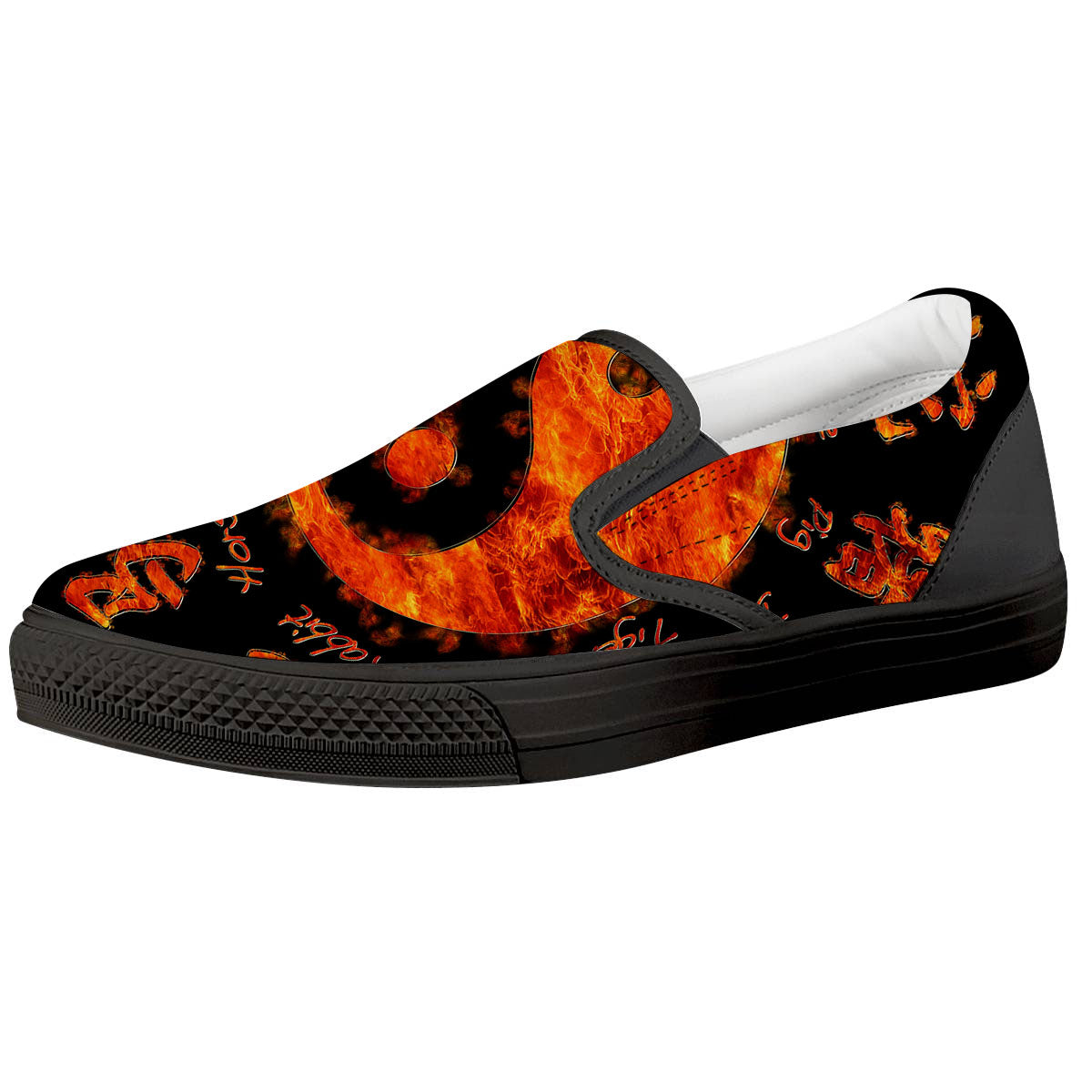 Chinese Zodiac Fire Yin Yang Print Black Slip On Shoes-grizzshop