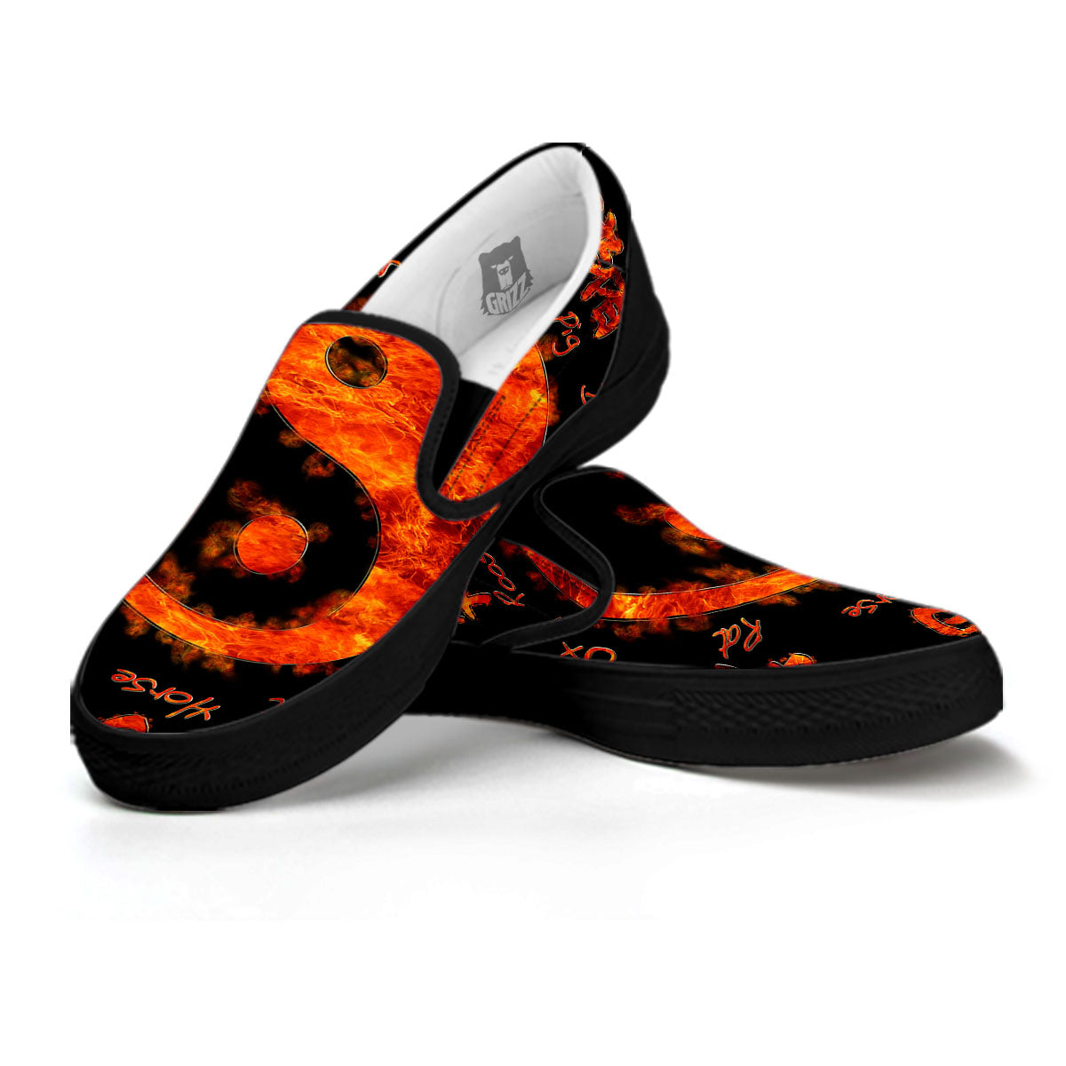 Chinese Zodiac Fire Yin Yang Print Black Slip On Shoes-grizzshop
