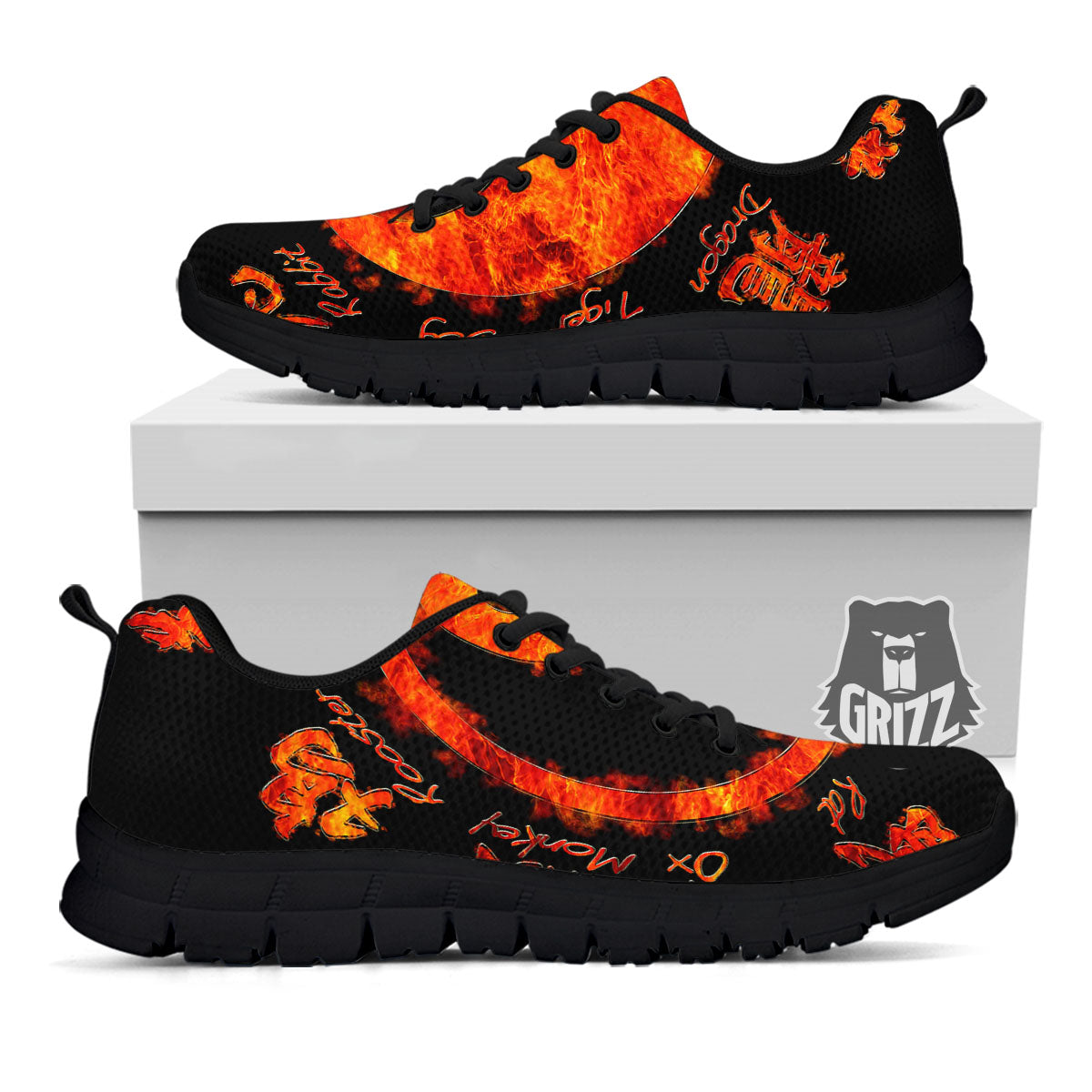 Chinese Zodiac Fire Yin Yang Print Black Sneaker-grizzshop