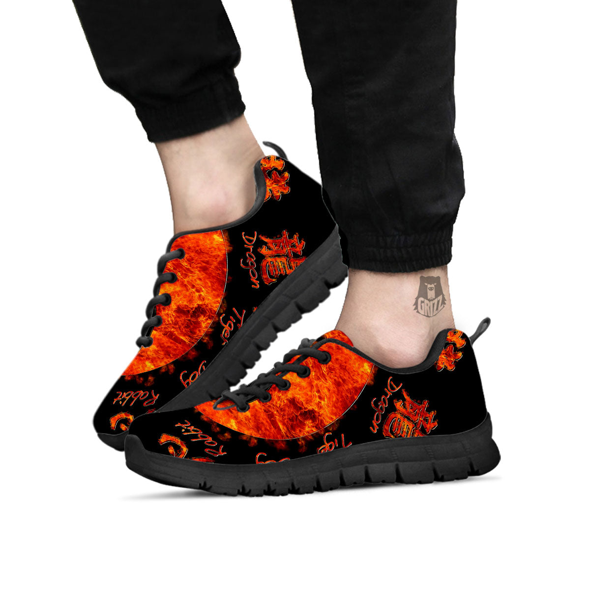 Chinese Zodiac Fire Yin Yang Print Black Sneaker-grizzshop