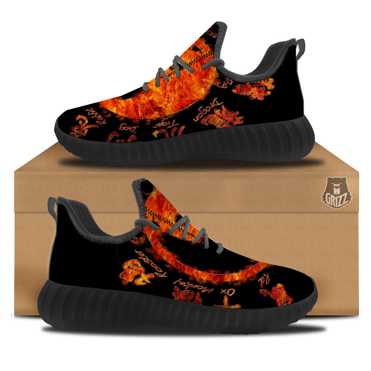 Chinese Zodiac Fire Yin Yang Print Black Walking Shoes-grizzshop