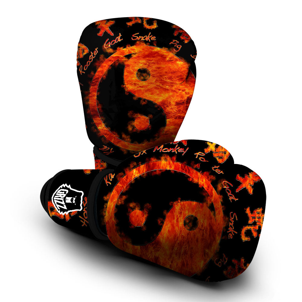Chinese Zodiac Fire Yin Yang Print Boxing Gloves-grizzshop