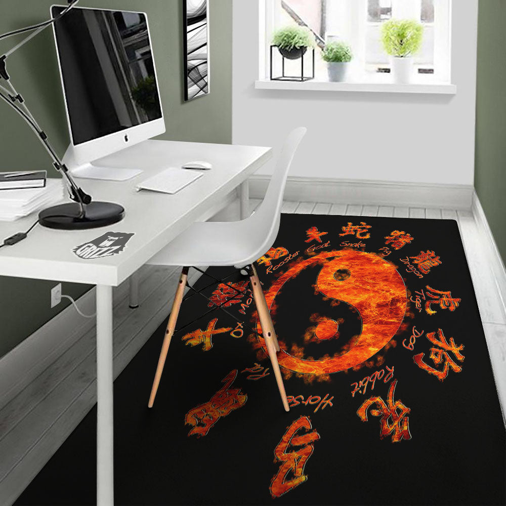 Chinese Zodiac Fire Yin Yang Print Floor Mat-grizzshop