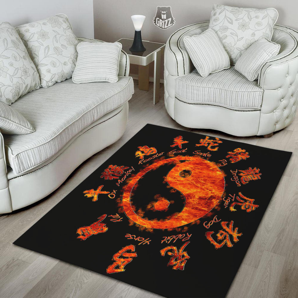 Chinese Zodiac Fire Yin Yang Print Floor Mat-grizzshop