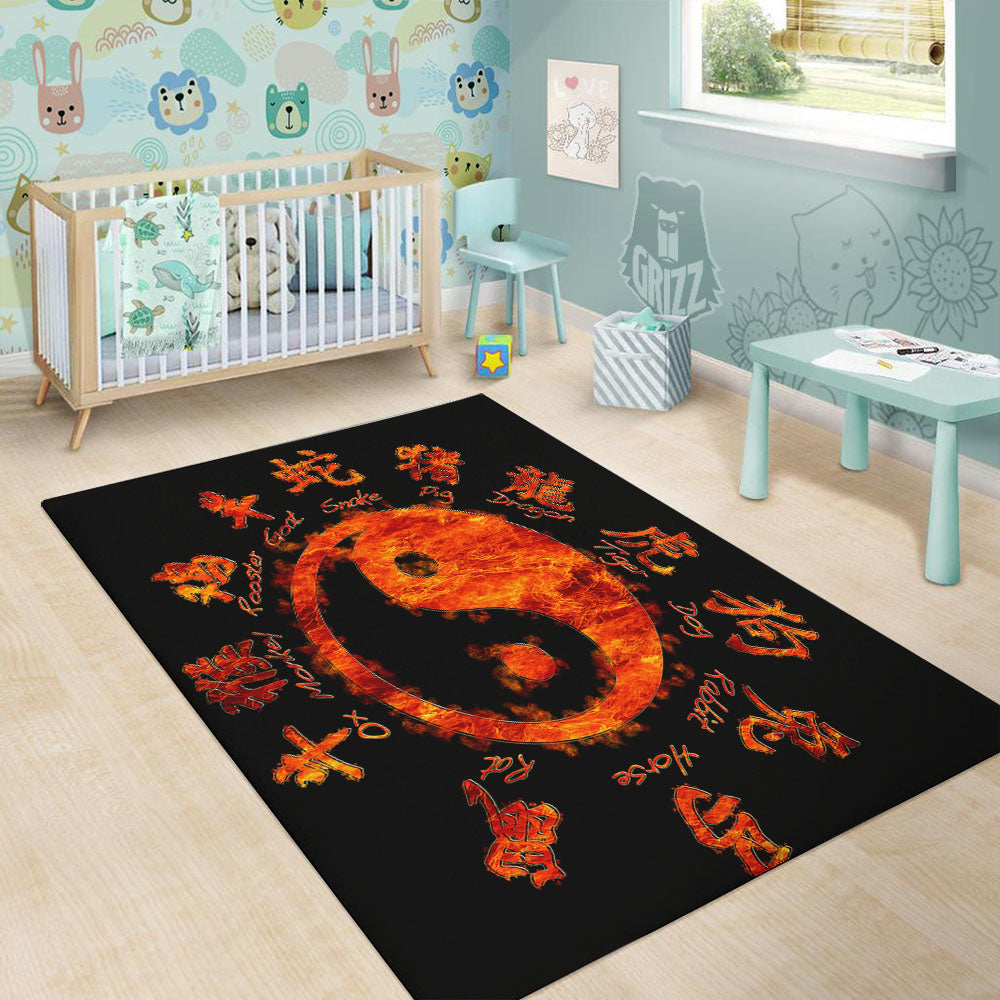 Chinese Zodiac Fire Yin Yang Print Floor Mat-grizzshop