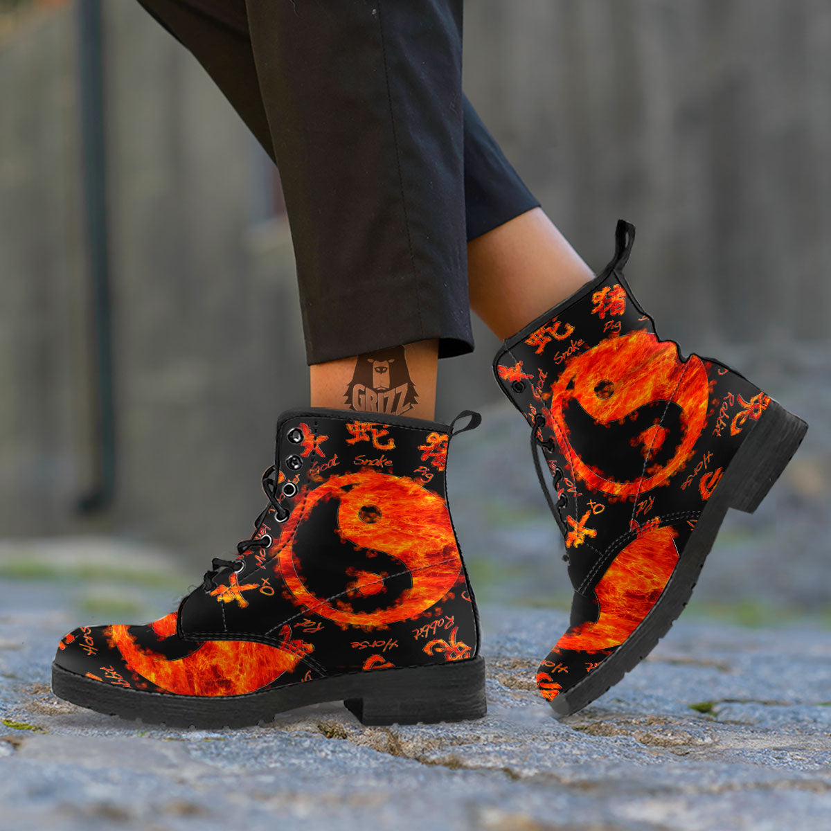Chinese Zodiac Fire Yin Yang Print Leather Boots-grizzshop