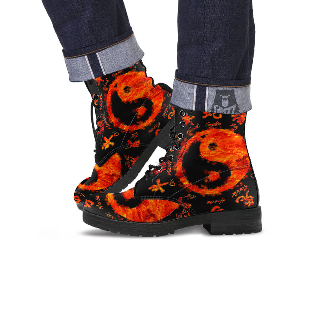 Chinese Zodiac Fire Yin Yang Print Leather Boots-grizzshop