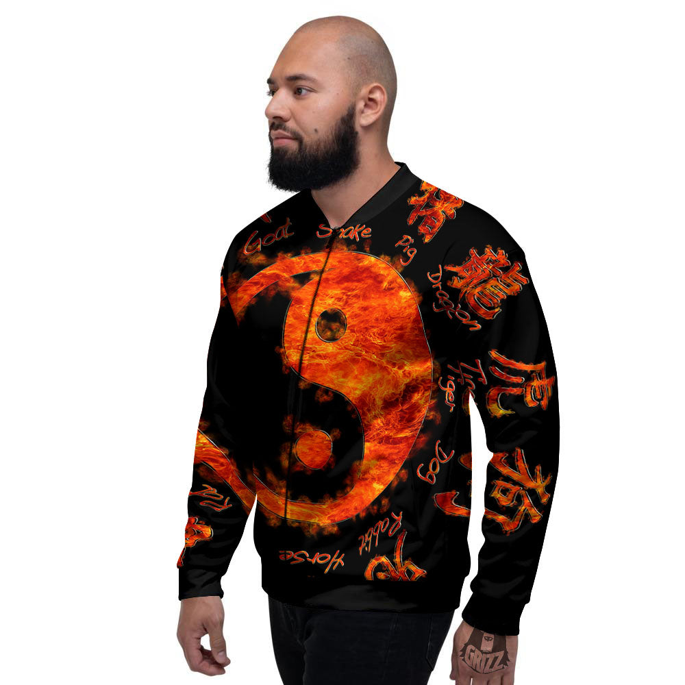 Chinese Zodiac Fire Yin Yang Print Men's Bomber Jacket-grizzshop