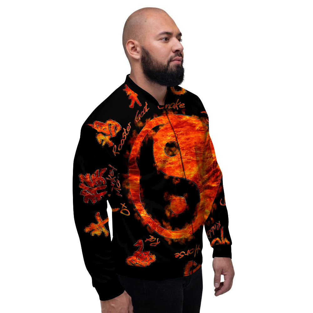 Chinese Zodiac Fire Yin Yang Print Men's Bomber Jacket-grizzshop
