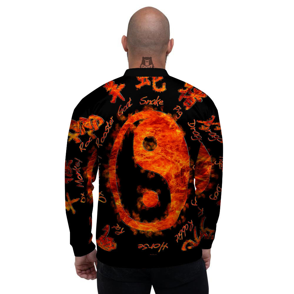 Chinese Zodiac Fire Yin Yang Print Men's Bomber Jacket-grizzshop