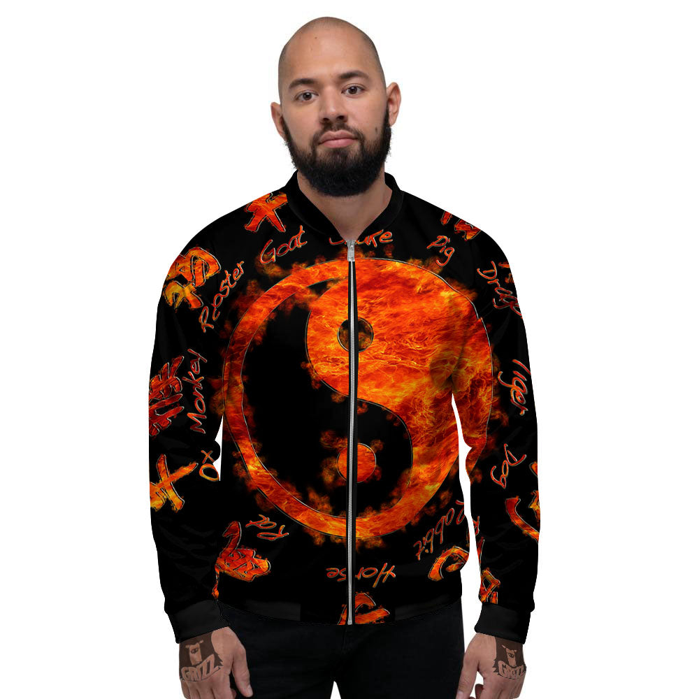 Chinese Zodiac Fire Yin Yang Print Men's Bomber Jacket-grizzshop