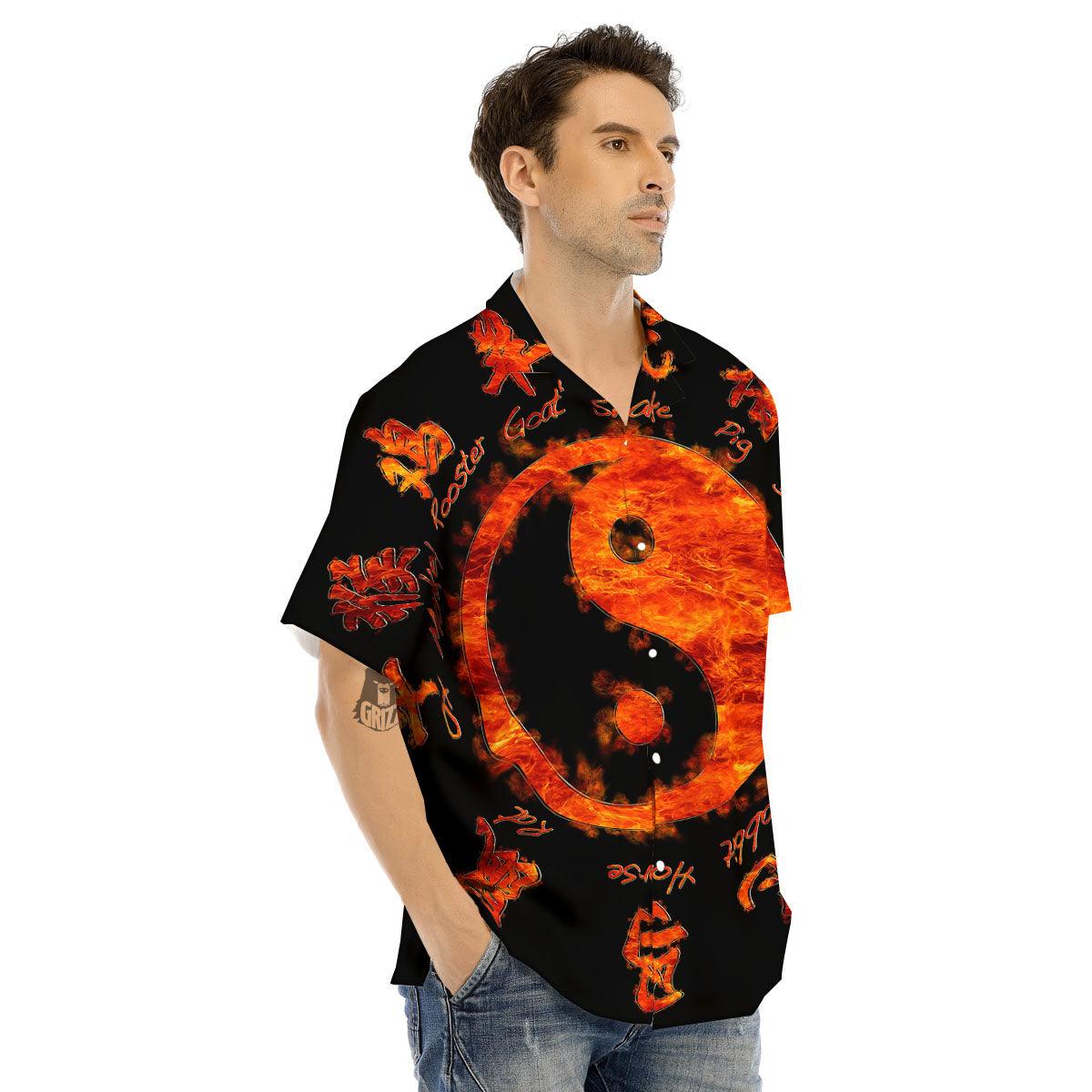 Chinese Zodiac Fire Yin Yang Print Men's Hawaiian Shirt-grizzshop