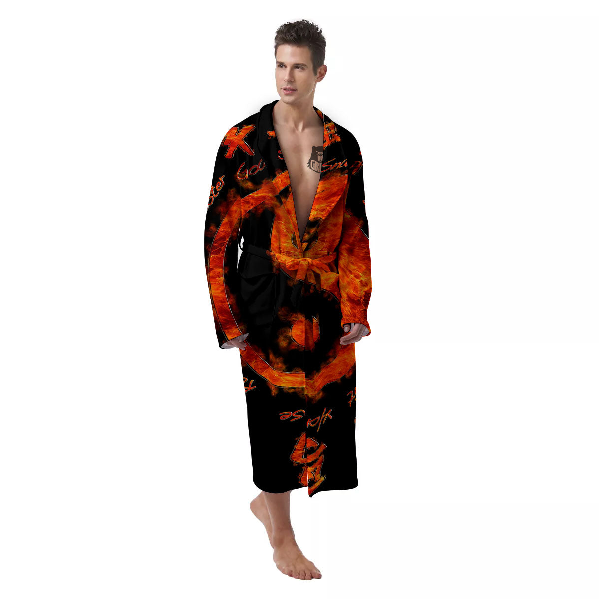 Chinese Zodiac Fire Yin Yang Print Men's Robe-grizzshop