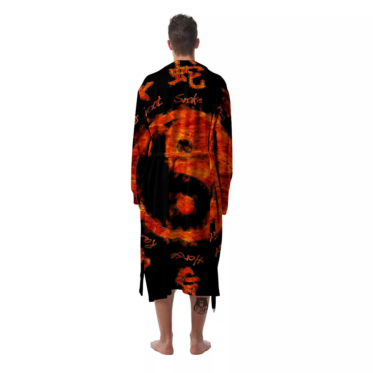 Chinese Zodiac Fire Yin Yang Print Men's Robe-grizzshop
