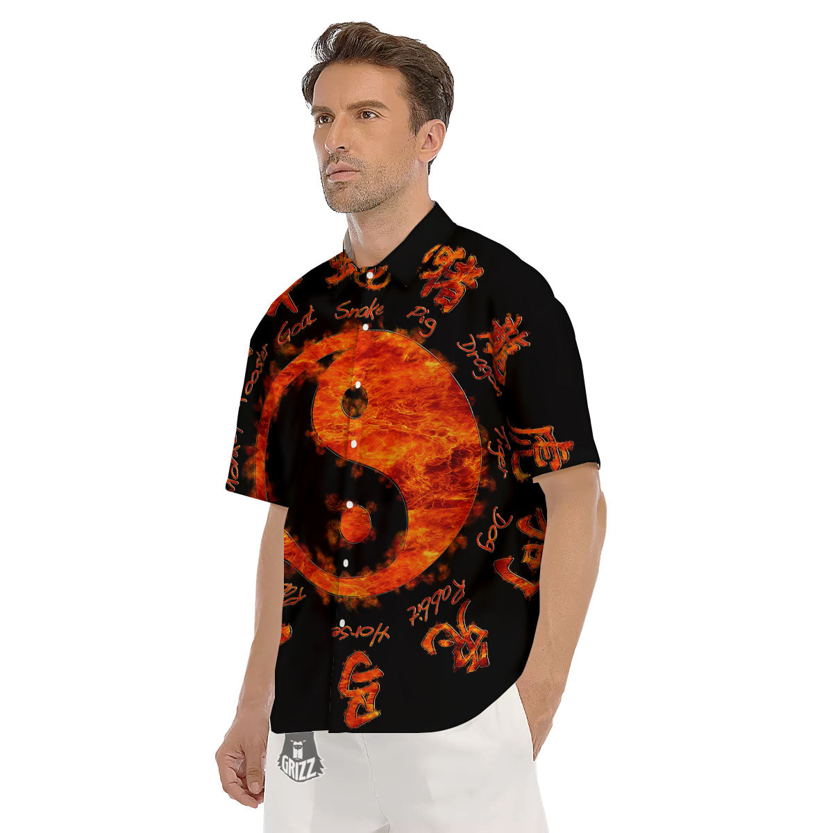 Chinese Zodiac Fire Yin Yang Print Men's Short Sleeve Shirts-grizzshop