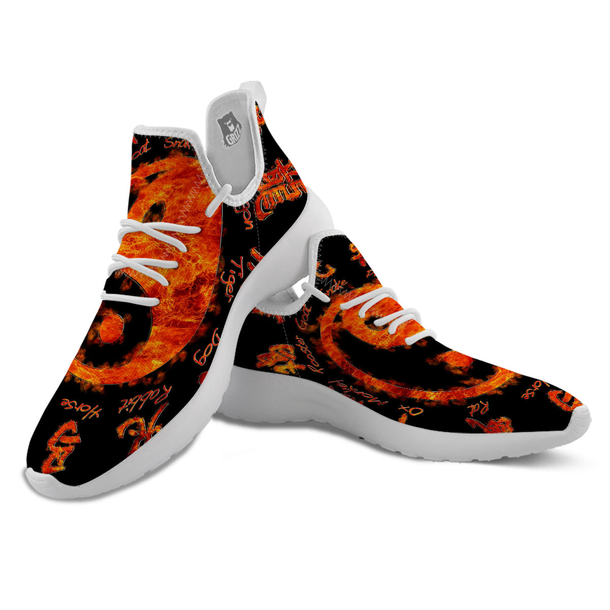 Chinese Zodiac Fire Yin Yang Print White Athletic Shoes-grizzshop