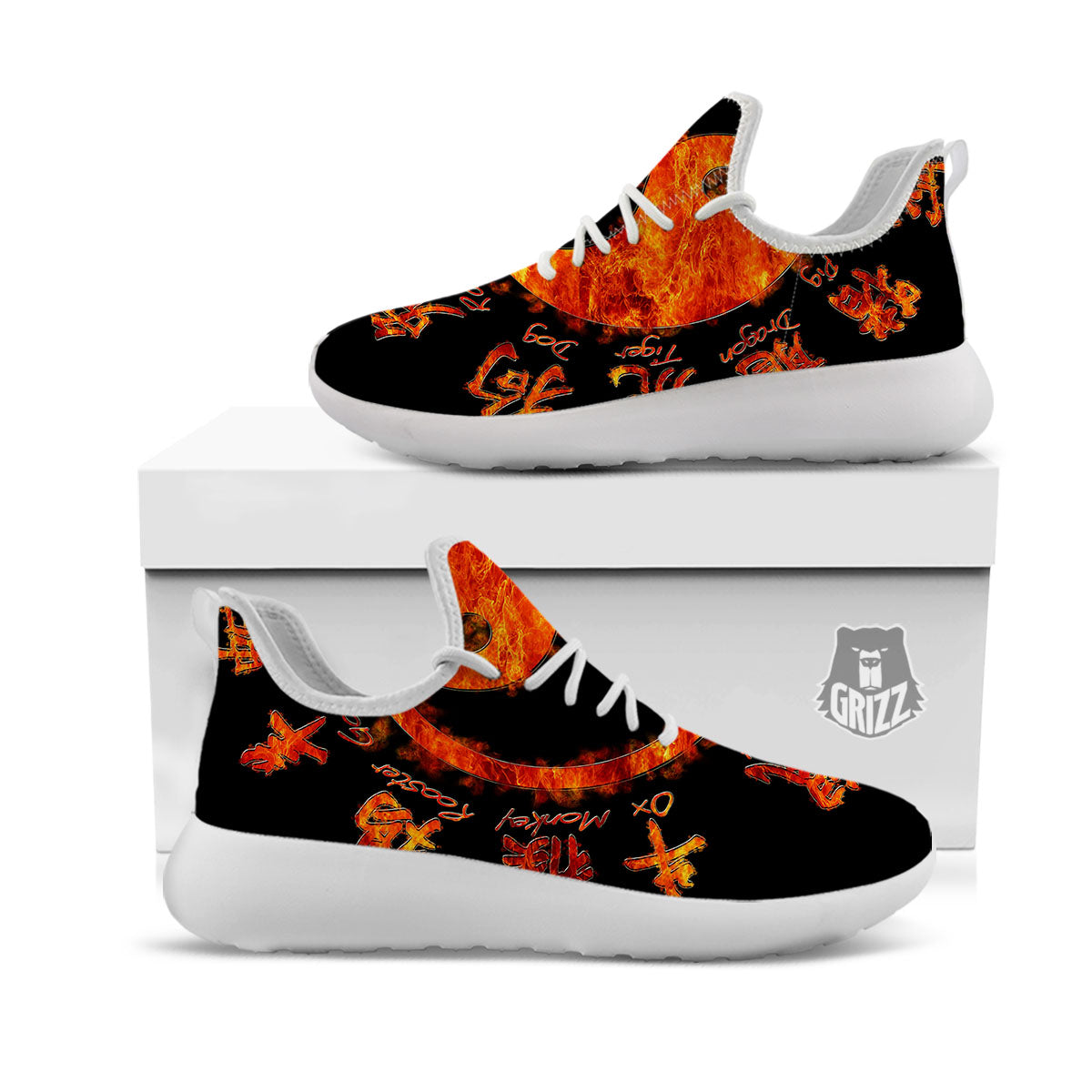 Chinese Zodiac Fire Yin Yang Print White Athletic Shoes-grizzshop