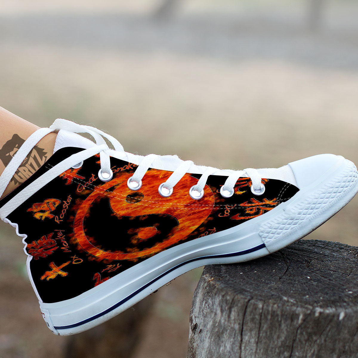 Chinese Zodiac Fire Yin Yang Print White High Top Shoes-grizzshop