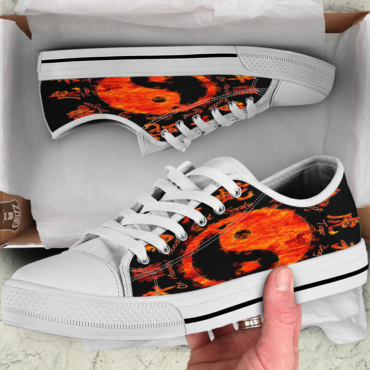 Chinese Zodiac Fire Yin Yang Print White Low Top Shoes-grizzshop