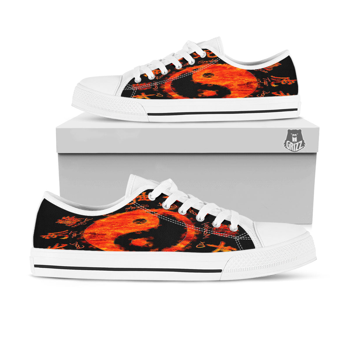 Chinese Zodiac Fire Yin Yang Print White Low Top Shoes-grizzshop