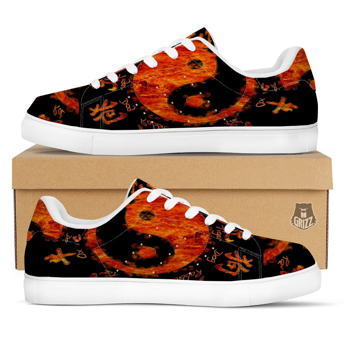 Chinese Zodiac Fire Yin Yang Print White Low Top Sneakers-grizzshop