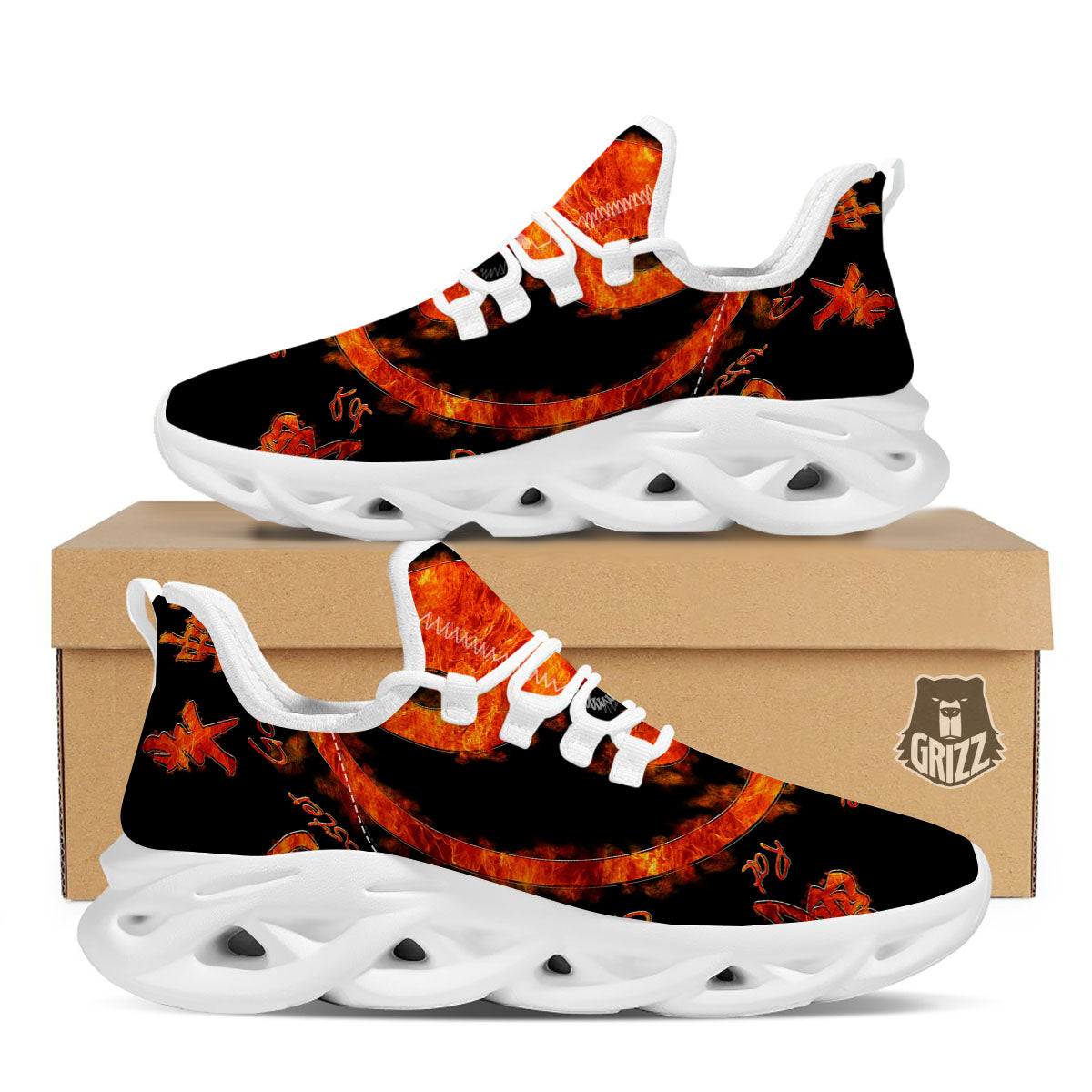 Chinese Zodiac Fire Yin Yang Print White Running Shoes-grizzshop